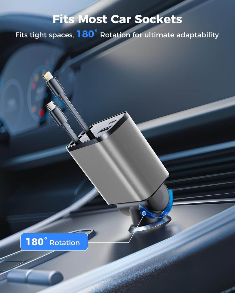 Retractable Car Charger, 120 W 4 in 1 Superfast Car Charger, Type C & USB Charging Ports - Urban Goods