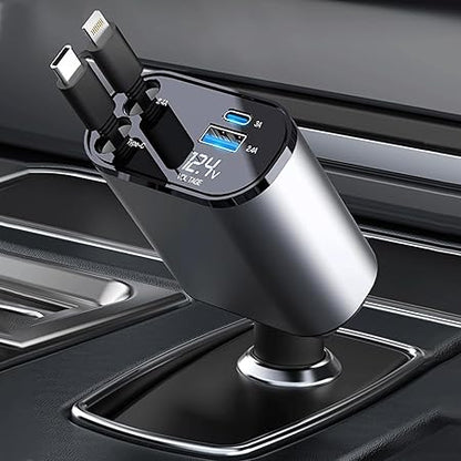 Retractable Car Charger, 120 W 4 in 1 Superfast Car Charger, Type C & USB Charging Ports - Urban Goods