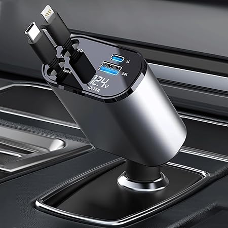 Retractable Car Charger, 120 W 4 in 1 Superfast Car Charger, Type C & USB Charging Ports - Urban Goods