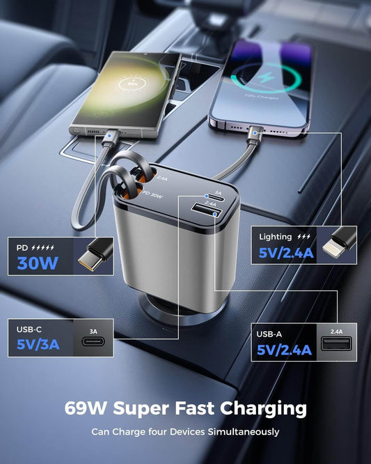 Retractable Car Charger, 120 W 4 in 1 Superfast Car Charger, Type C & USB Charging Ports - Urban Goods